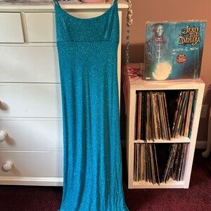 Vintage 90’s Y2K Glitter Slip Maxi Gown Blue Dress Column Rampage Iconic USA Hot
